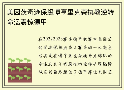 美因茨奇迹保级博亨里克森执教逆转命运震惊德甲